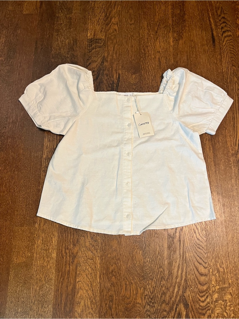 Mango White Square Neck Button-Front Puff Sleeve Top